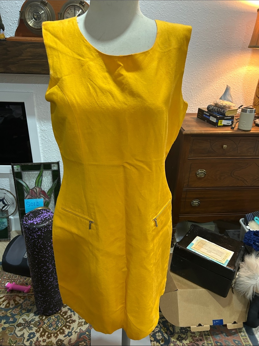 Yellow Sleeveless Zipper Pocket Shift Dress - Appraisal size 12